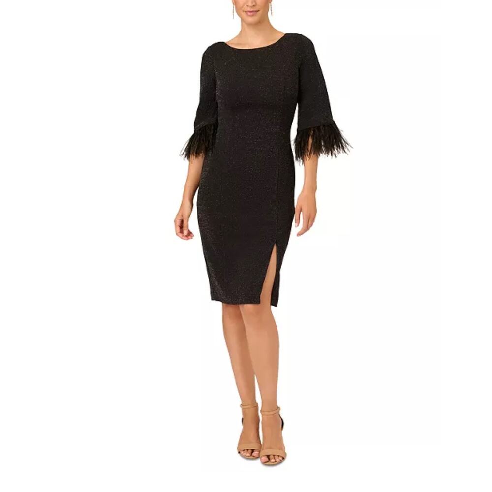 Adrianna Papell Women's Faux Feather Trim Glitter Knit Dess